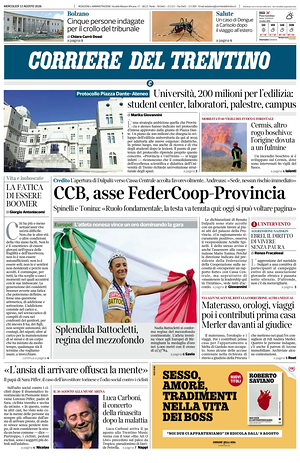 Prima pagina Corriere del Trentino di oggi - Quotidiano regionale