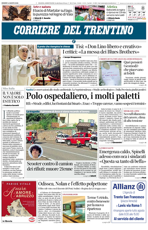 Prima pagina Corriere del Trentino di oggi - Quotidiano regionale