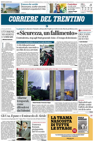 Prima pagina Corriere del Trentino di oggi - Quotidiano regionale