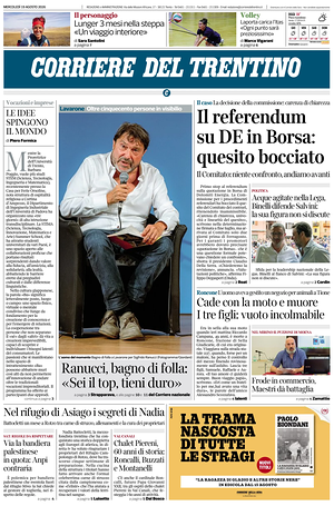 Prima pagina Corriere del Trentino di oggi - Quotidiano regionale