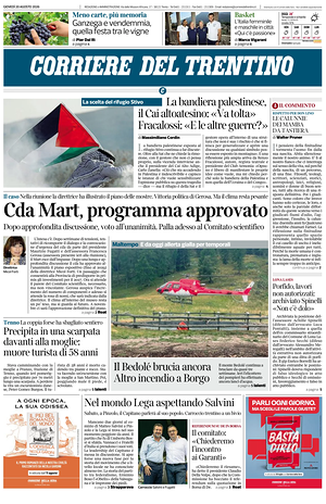Prima pagina Corriere del Trentino di oggi - Quotidiano regionale