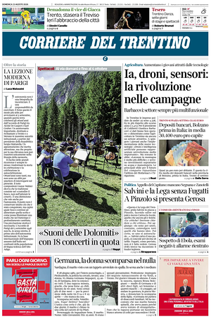 Prima pagina Corriere del Trentino di oggi - Quotidiano regionale