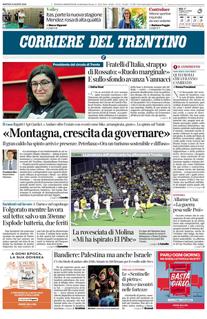 Prima pagina Corriere del Trentino di oggi - Quotidiano regionale