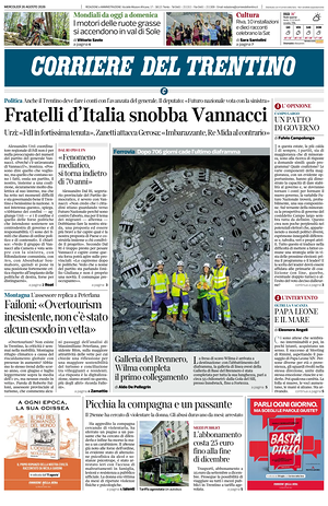 Prima pagina Corriere del Trentino di oggi - Quotidiano regionale