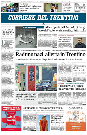 Prima pagina Corriere del Trentino di oggi - Quotidiano regionale