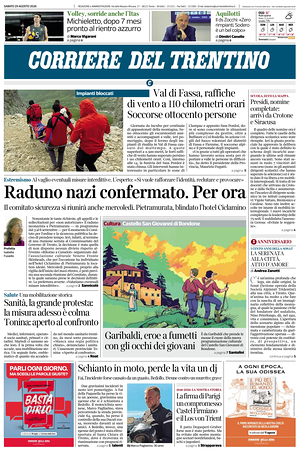 Prima pagina Corriere del Trentino di oggi - Quotidiano regionale