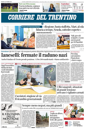 Prima pagina Corriere del Trentino di oggi - Quotidiano regionale
