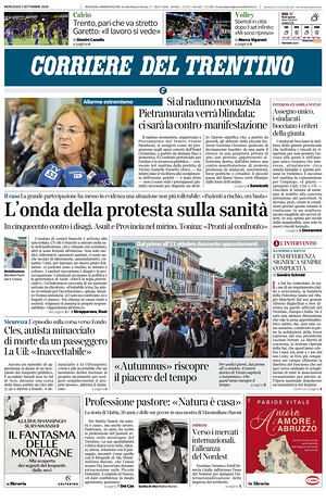 Prima pagina Corriere del Trentino di oggi - Quotidiano regionale