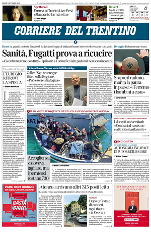 Prima pagina Corriere del Trentino di oggi - Quotidiano regionale