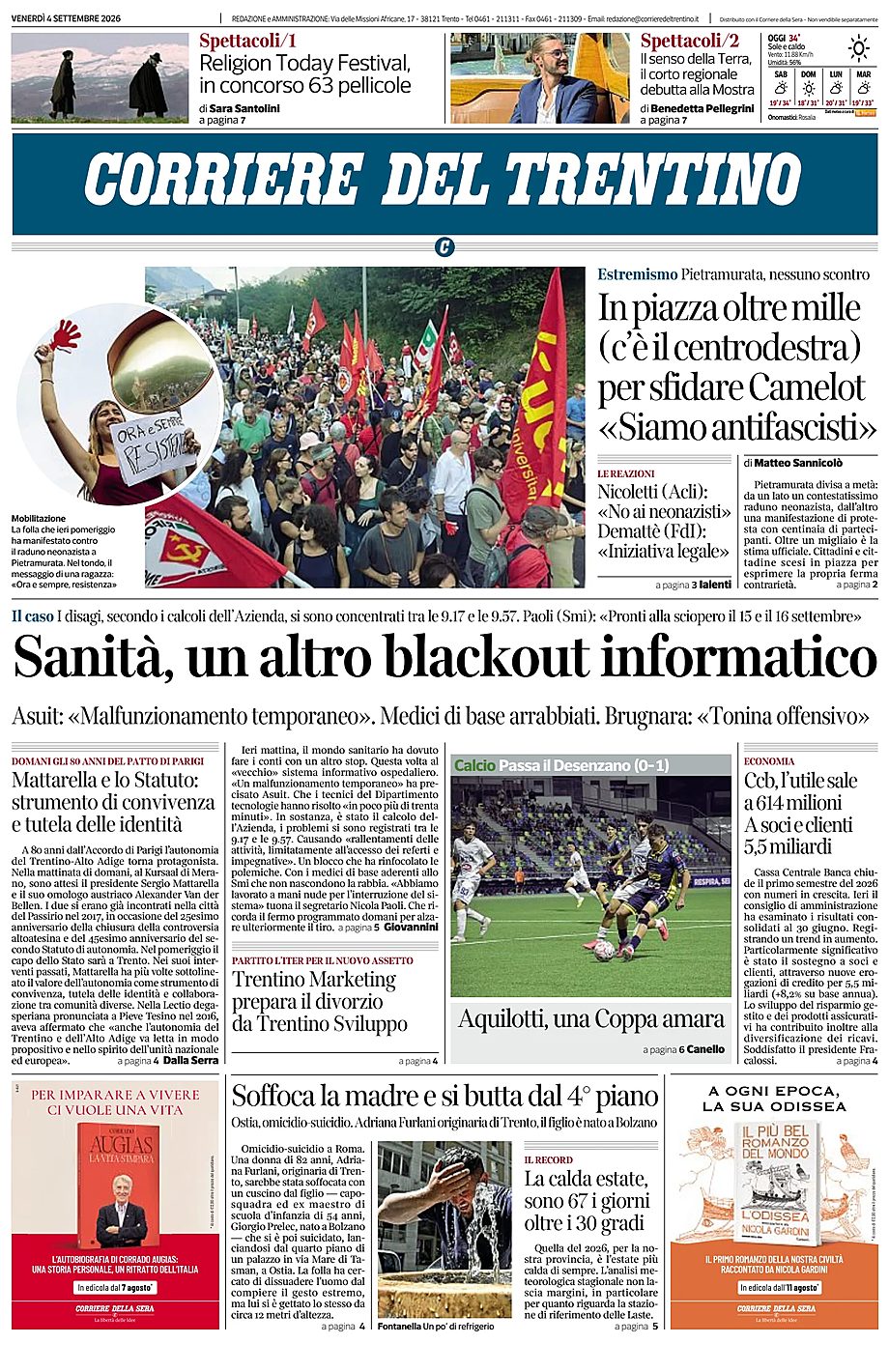 Prima pagina Corriere del Trentino di oggi - Edicola 4 Settembre 2026