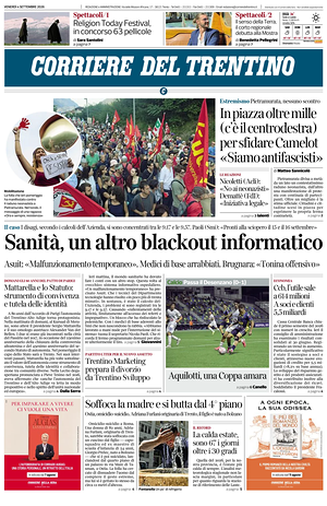Prima pagina Corriere del Trentino di oggi - Quotidiano regionale