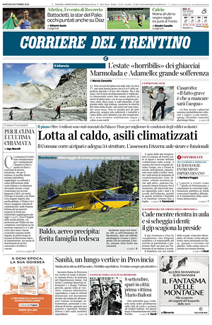 Prima pagina Corriere del Trentino di oggi - Quotidiano regionale