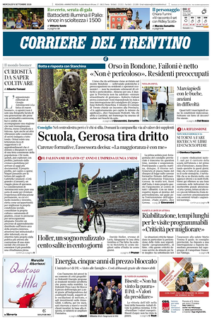 Prima pagina Corriere del Trentino di oggi - Quotidiano regionale