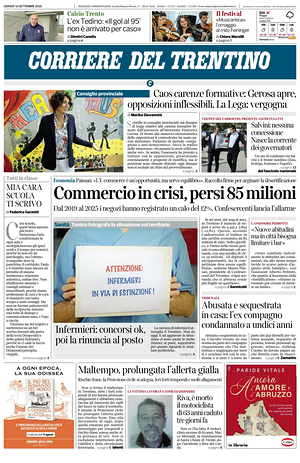 Prima pagina Corriere del Trentino di oggi - Quotidiano regionale