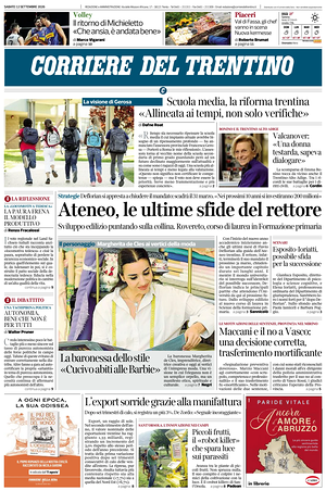 Prima pagina Corriere del Trentino di oggi - Quotidiano regionale