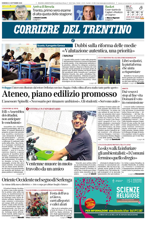 Prima pagina Corriere del Trentino di oggi - Quotidiano regionale