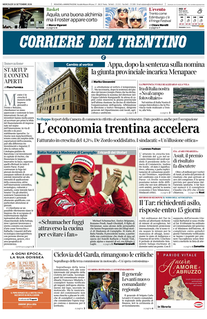 Prima pagina Corriere del Trentino di oggi - Quotidiano regionale