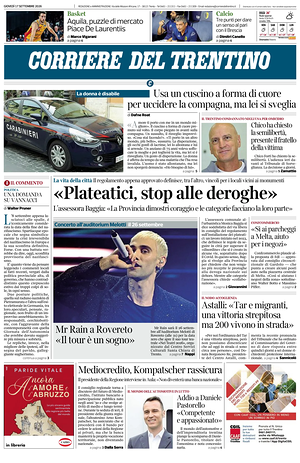 Prima pagina Corriere del Trentino di oggi - Quotidiano regionale