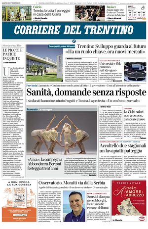 Prima pagina Corriere del Trentino di oggi - Quotidiano regionale