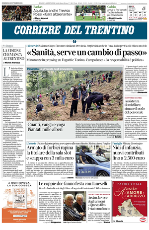 Prima pagina Corriere del Trentino di oggi - Quotidiano regionale