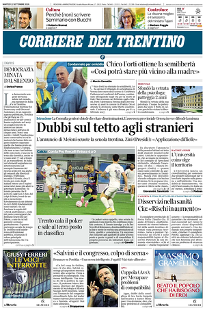 Prima pagina Corriere del Trentino di oggi - Quotidiano regionale