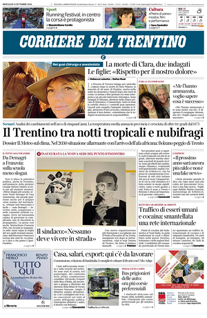 Prima pagina Corriere del Trentino di oggi - Quotidiano regionale