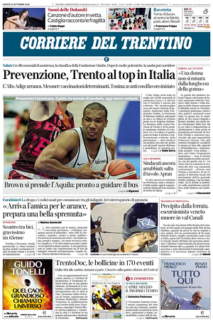Prima pagina Corriere del Trentino di oggi - Quotidiano regionale