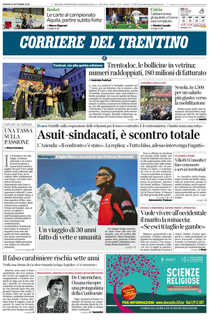 Prima pagina Corriere del Trentino di oggi - Quotidiano regionale