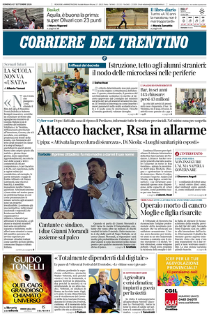 Prima pagina Corriere del Trentino di oggi - Quotidiano regionale