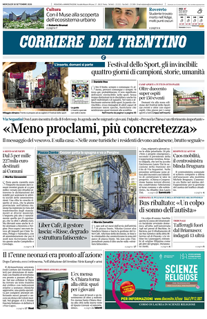 Prima pagina Corriere del Trentino di oggi - Quotidiano regionale