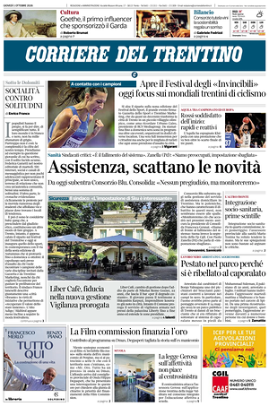 Prima pagina Corriere del Trentino di oggi - Quotidiano regionale