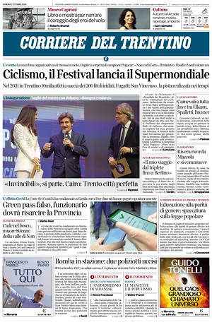 Prima pagina Corriere del Trentino di oggi - Quotidiano regionale