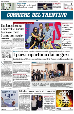 Prima pagina Corriere del Trentino di oggi - Quotidiano regionale