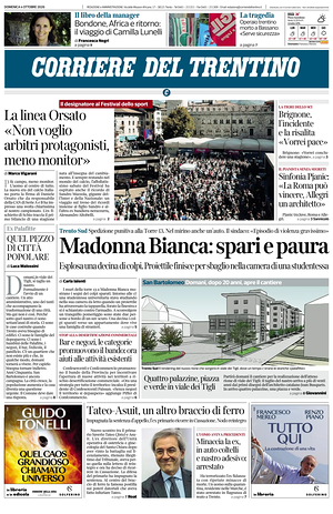 Prima pagina Corriere del Trentino di oggi - Quotidiano regionale