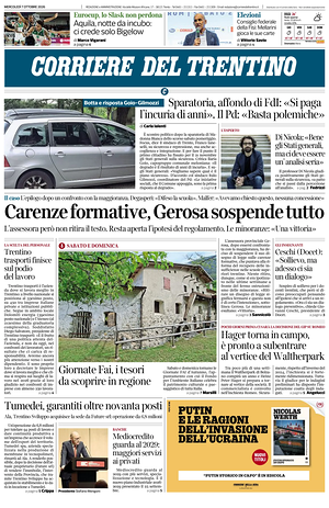 Prima pagina Corriere del Trentino di oggi - Quotidiano regionale