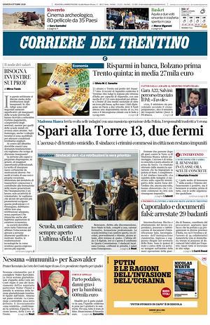 Prima pagina Corriere del Trentino di oggi - Quotidiano regionale
