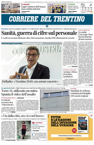 Prima pagina Corriere del Trentino di oggi - Quotidiano regionale