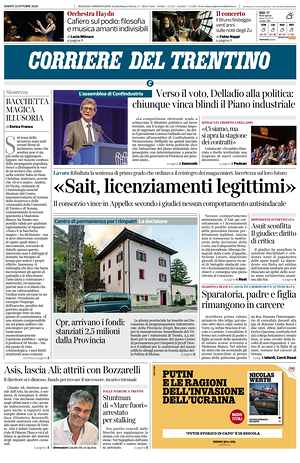 Prima pagina Corriere del Trentino di oggi - Quotidiano regionale
