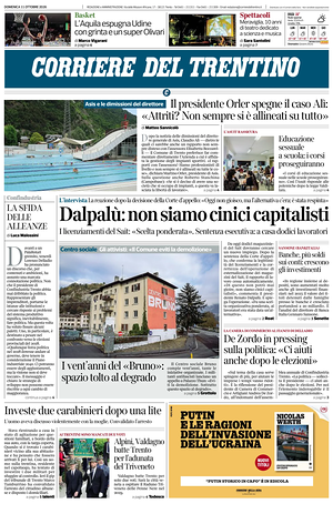 Prima pagina Corriere del Trentino di oggi - Quotidiano regionale