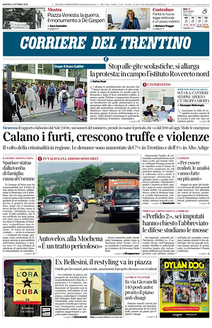 Prima pagina Corriere del Trentino di oggi - Quotidiano regionale