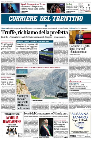 Prima pagina Corriere del Trentino di oggi - Quotidiano regionale