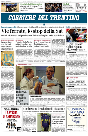 Prima pagina Corriere del Trentino di oggi - Quotidiano regionale