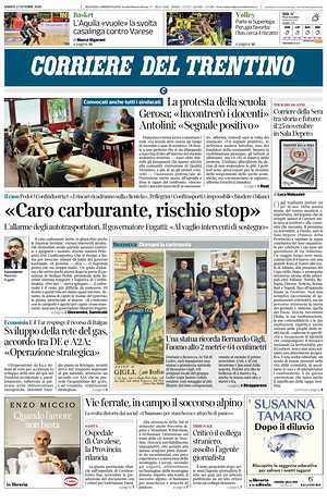 Prima pagina Corriere del Trentino di oggi - Quotidiano regionale