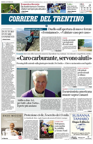Prima pagina Corriere del Trentino di oggi - Quotidiano regionale