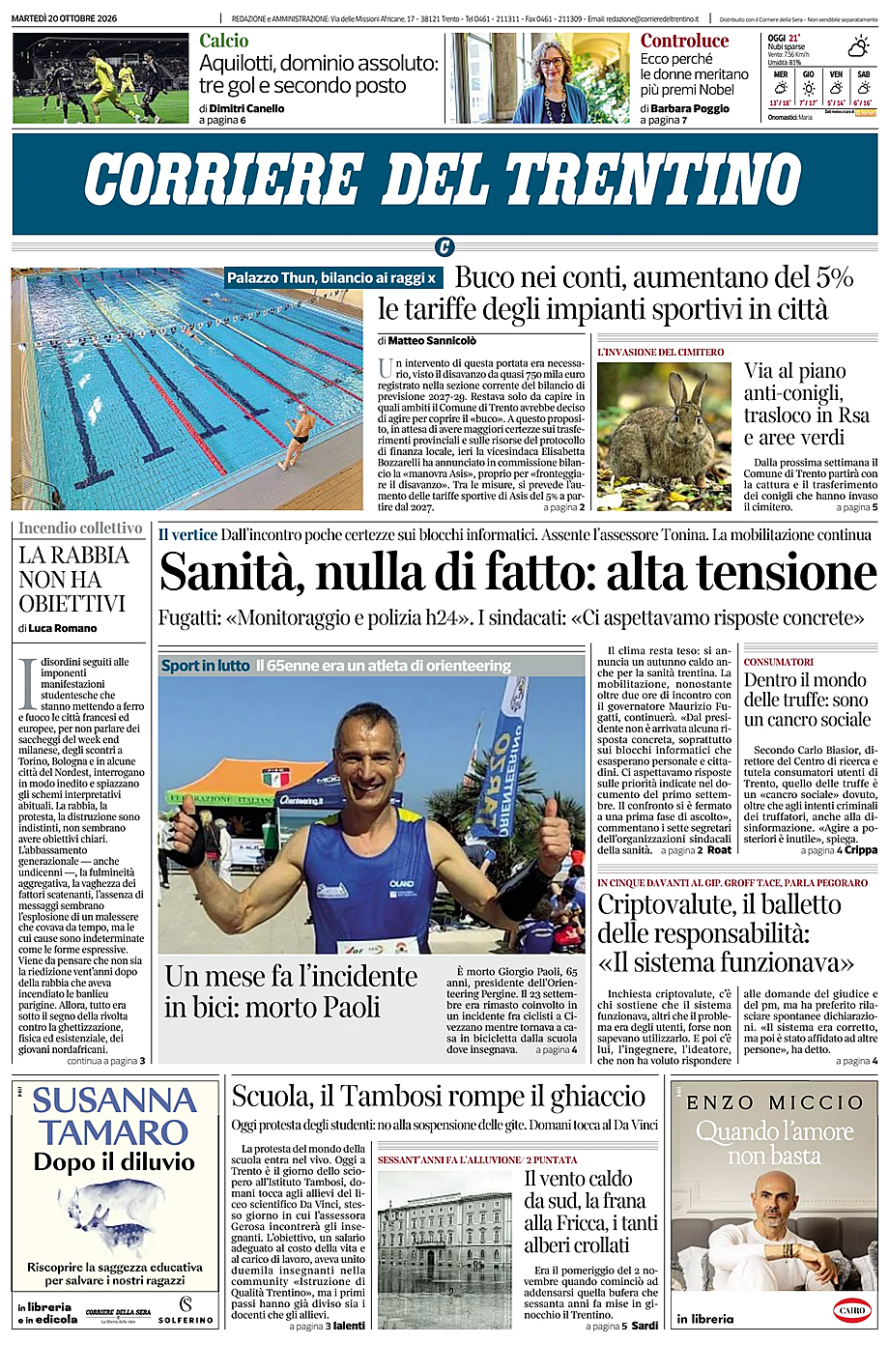 Prima pagina Corriere del Trentino di oggi - Edicola 20 Ottobre 2026