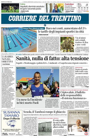 Prima pagina Corriere del Trentino di oggi - Quotidiano regionale