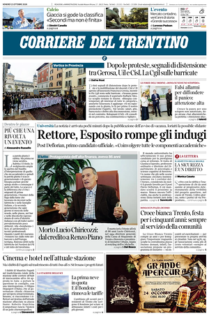 Prima pagina Corriere del Trentino di oggi - Quotidiano regionale