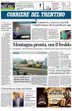 Prima pagina Corriere del Trentino di oggi - Quotidiano regionale