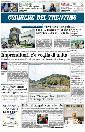 Prima pagina Corriere del Trentino di oggi - Quotidiano regionale