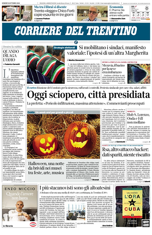 Prima pagina Corriere del Trentino di oggi - Quotidiano regionale